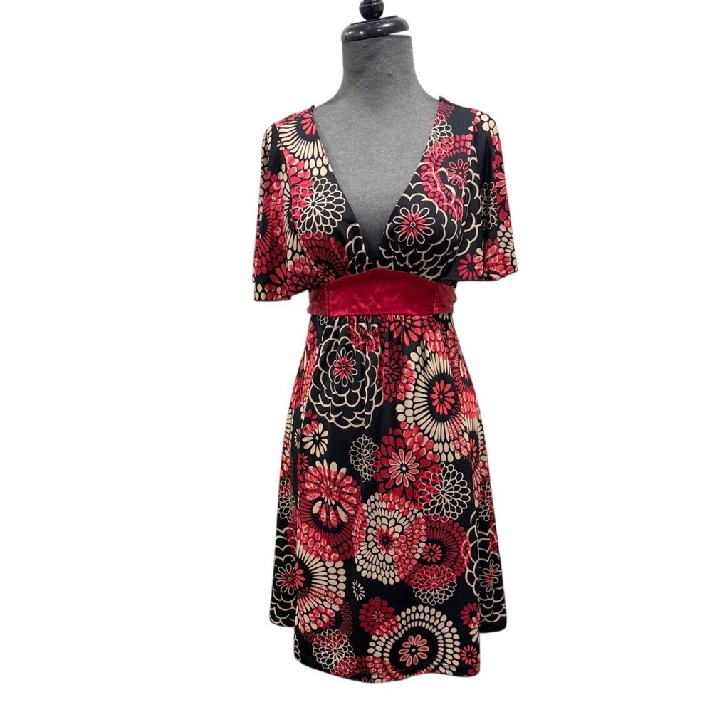 Xoxo Y2K  Floral V-Neck‎ Empire Waist Dress Red Black Tan Small Made in USA